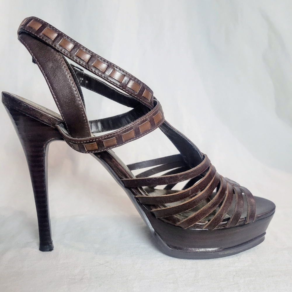Guess Women's Strappy Ankle Strap Stiletto High Heel Platform Wooden Heel - Sz 8 - Picture 4 of 13